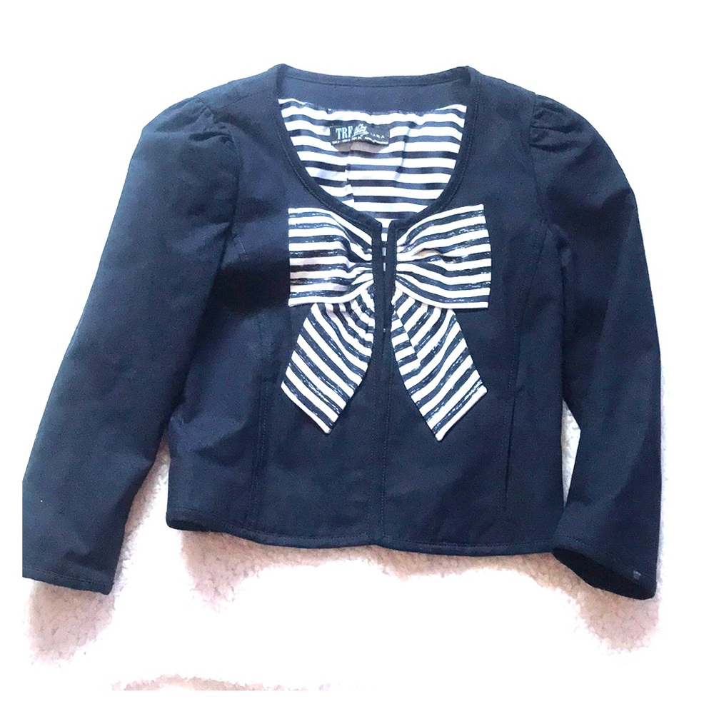 Navy crop top jacket with bow on front.
